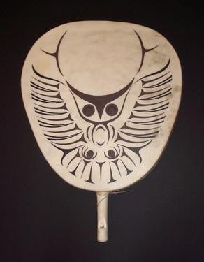 37. Messenger Owl Painted Rattle / Drum With Whistle Handle