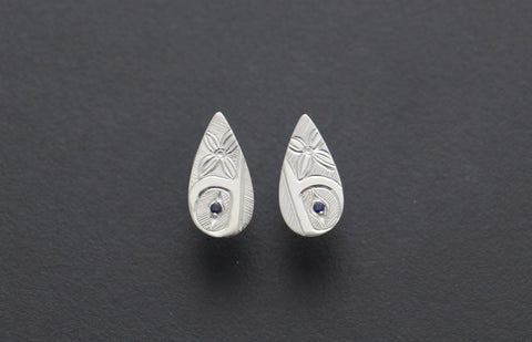 Hummingbird Teardrop Studs Earrings with Sapphires
