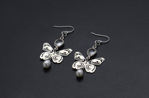 Butterfly Earrings with Quartz and Pearl