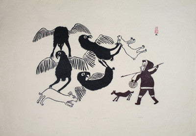Untitled (Hunter & Dogs With Four Large Birds)