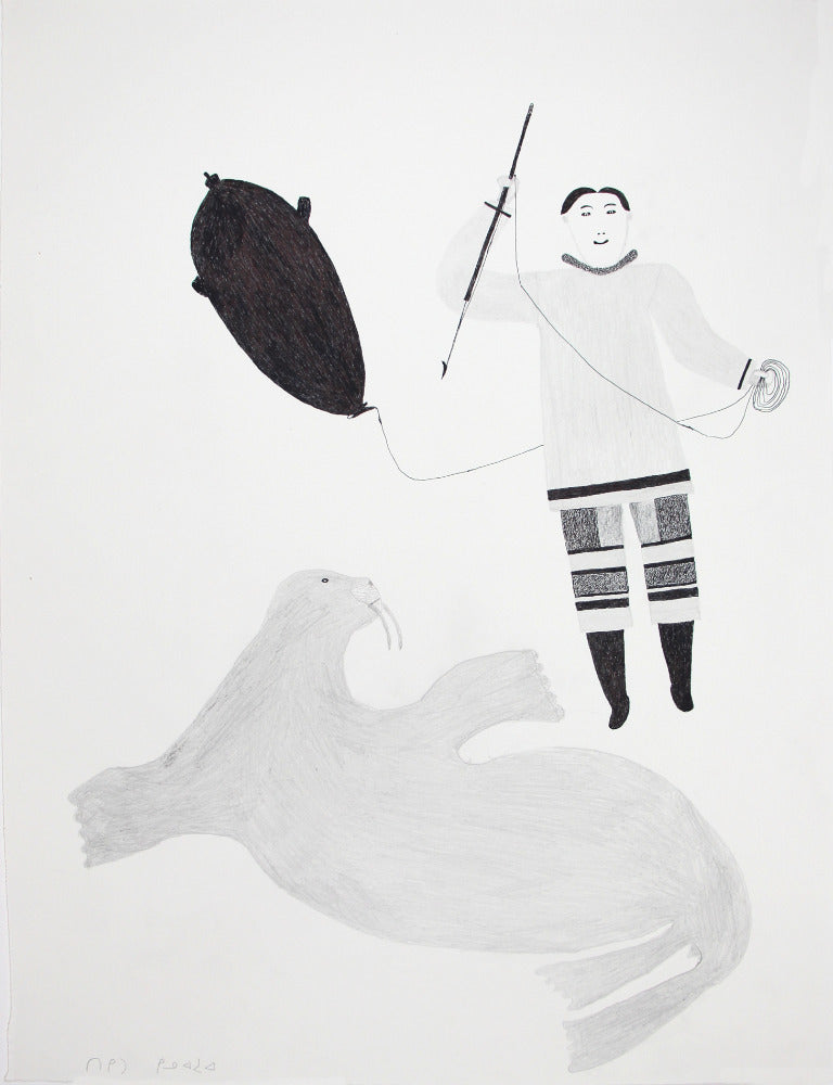 Hunter with Harpoon and Walrus by Tikitu Qinnuayuak Inuit Artist from Cape  Dorset