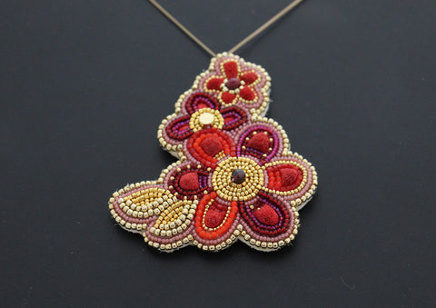 Cranberry Floral Tufted Pendant with Gold Chain