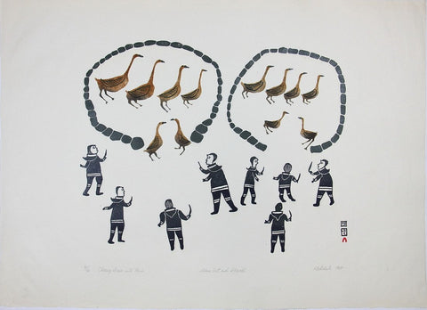 Chasing Geese Into Pens by Kiakshuk 600 Artist from Cape Dorset, 1964